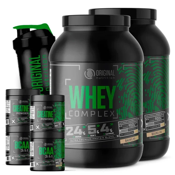 Kit com 2 Whey Protein Complex + 2 Bcaa + 2 Creatina + Shaker Coqueteleira – Original Nutrition – Sabor: BAUNILHA + CHOCOLATE