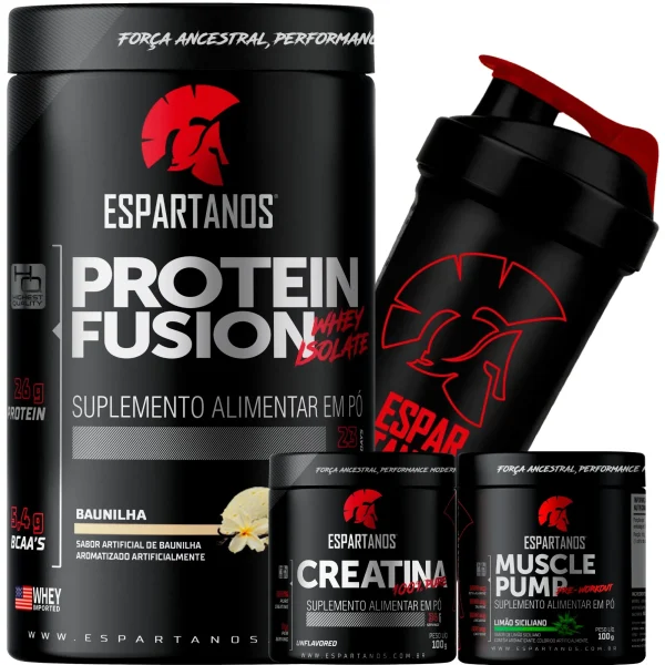 Whey Fusion + Creatina 100g + Pré-treino 100g + Shaker – SABOR: Baunilha