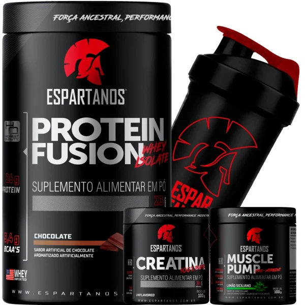 Whey Fusion + Creatina 100g + Pré-treino 100g + Shaker – SABOR: Chocolate