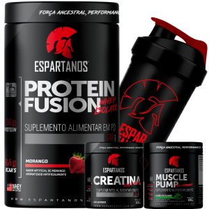Whey Fusion + Creatina 100g + Pré-treino 100g + Shaker – SABOR: Morango
