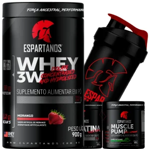 Whey Protein 3W + Creatina + Pré-Treino + Shaker – ESPARTANOS – SABOR: Morango