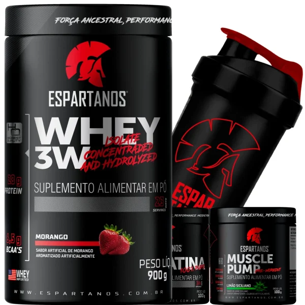 Whey Protein 3W + Creatina + Pré-Treino + Shaker – ESPARTANOS – SABOR: Morango