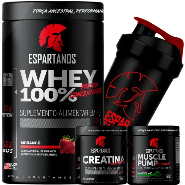 Whey Protein 100% + Creatina + Pré-Treino + Shaker – ESPARTANOS – SABOR: Morango