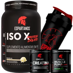 Whey Protein ISO X + Creatina + Pré-Treino + Shaker – ESPARTANOS – SABOR: Baunilha