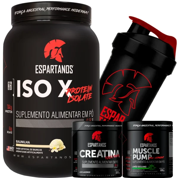 Whey Protein ISO X + Creatina + Pré-Treino + Shaker – ESPARTANOS – SABOR: Baunilha