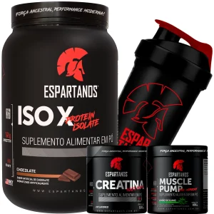 Whey Protein ISO X + Creatina + Pré-Treino + Shaker – ESPARTANOS – SABOR: Chocolate