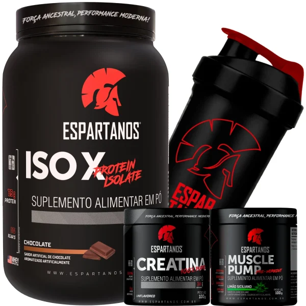 Whey Protein ISO X + Creatina + Pré-Treino + Shaker – ESPARTANOS – SABOR: Chocolate