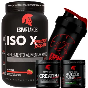 Whey Protein ISO X + Creatina + Pré-Treino + Shaker – ESPARTANOS – SABOR: Morango