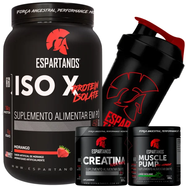 Whey Protein ISO X + Creatina + Pré-Treino + Shaker – ESPARTANOS – SABOR: Morango