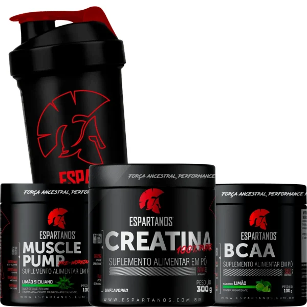 Creatina + Bcca + Pré-Treino Limão + Shaker – ESPARTANOS