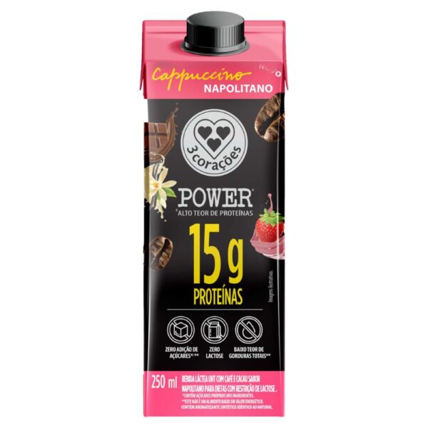 Bebida Láctea UHT 3 Corações Power Cappuccino Napolitano 15g Proteínas Zero Lactose 250ml