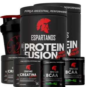 Combo Duplo Whey Protein Fusion + 2x Bcaa + 2x Creatina Pura Monohidratada+ Shaker – Sabor: Morango + Baunilha