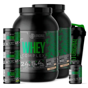 Kit 2x Whey Protein Complex + Bcaa + Colágeno + Gluta + Crea + Copo – Sabor: Chocolate