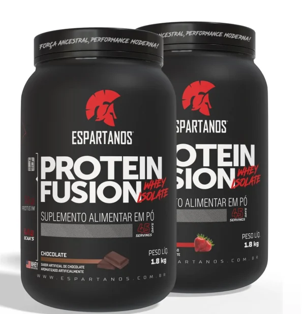 Kit 2x Protein Fusion Whey Isolate 1800g – Espartanos – Sabor: Chocolate + Morango
