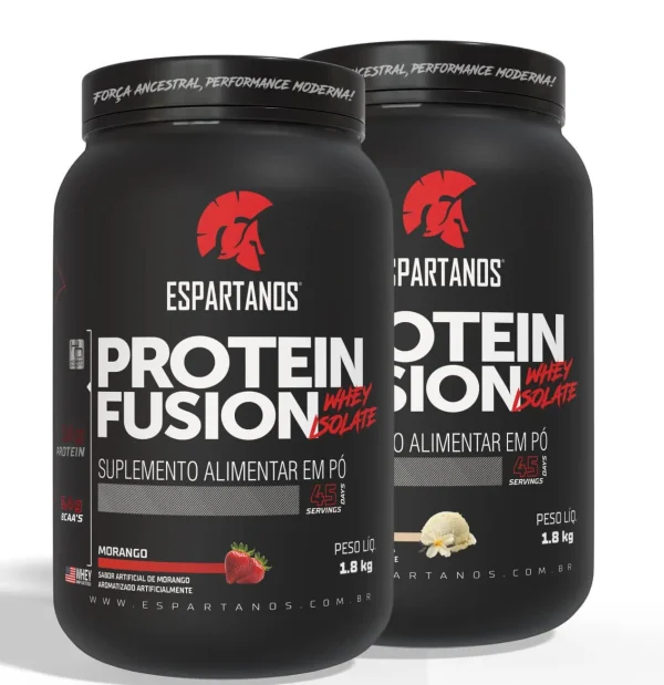 Kit 2x Protein Fusion Whey Isolate 1800g – Espartanos – Sabor: Morango + Baunilha