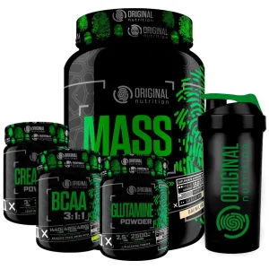 SUPER KIT HIPERTROFIA – Suplemento em pó Hipercalórico Mass Gainer 1800g + Bcaa 3:1:1 300g + Creatina 300g + Glutamina 300g + Shaker – Original Nutrition – Sabor: Baunilha