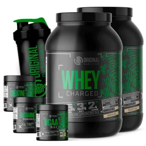 Combo 2x Whey Charged + Glutamina + Bcaa + Creatina + Shaker – Sabor: Morango