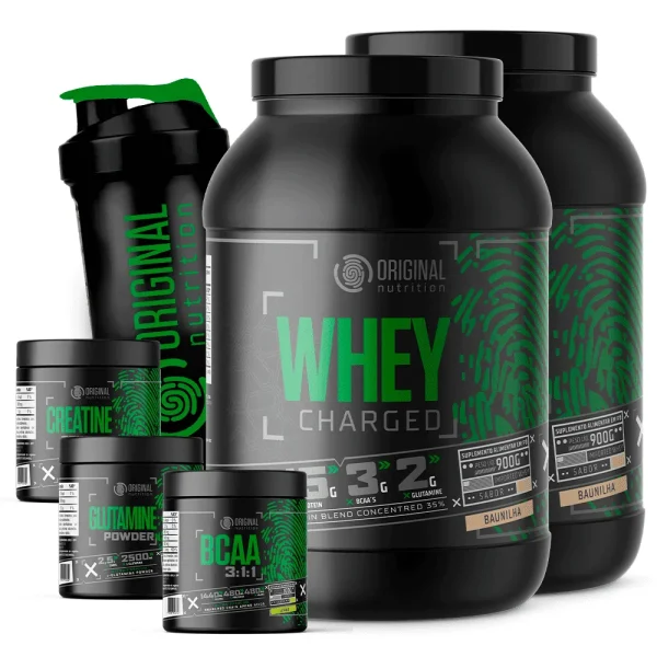 Combo 2x Whey Charged + Glutamina + Bcaa + Creatina + Shaker – Sabor: Morango