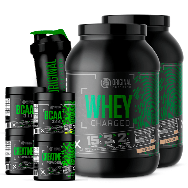 Kit 2x Whey Protein Charged + 2x Creatina + 2x Bcaa + Shaker – Sabor: Morango