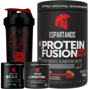 Kit Whey Protein Fusion Isolado+ Bcaa + Creatina Monohidratada 100% Pura+ Shaker – Sabor: Morango