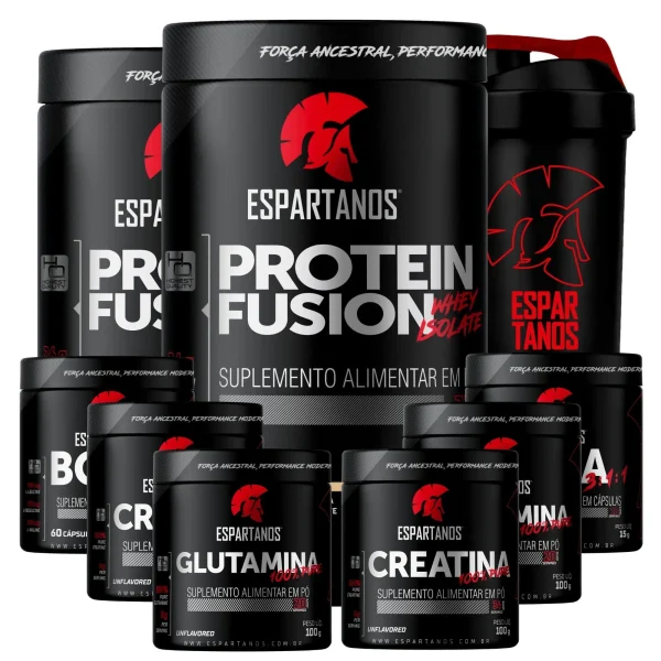 Kit 2x Whey Protein Fusion Isolate + 2x Bcaa + 2x Creatina 100% Pura Monohidratada + 2x Glutamina Pura + Shaker – Sabor: Morango + Morango