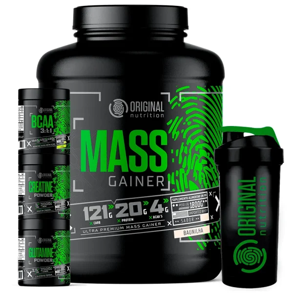 Kit Massa Hipercalórico MASS GAINER + BCAA + Creatina 100g + Glutamina 100g + Coqueteleira – Original Nutrition – Sabor: Chocolate