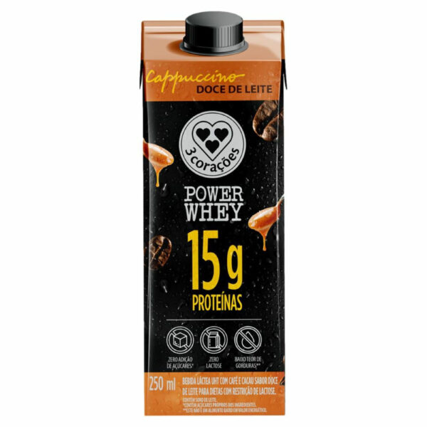 Bebida Láctea UHT 3 Corações Power Whey 15g Proteínas Cappuccino Doce de Leite Zero Lactose 250ml
