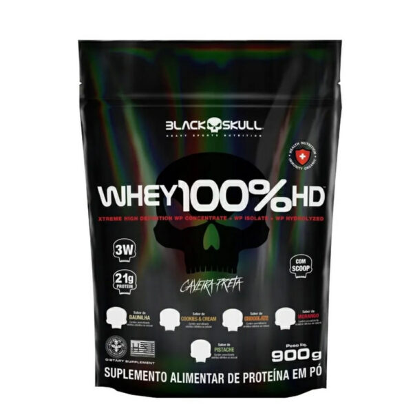 Whey 100% HD Black Skull Sabor Morango Refil 900g