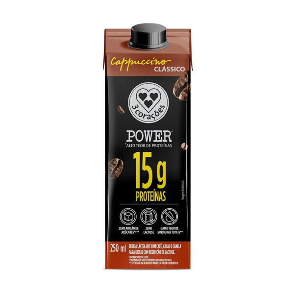 Bebida Láctea UHT 3 Corações Power Cappuccino Clássico Zero Lactose 250ml