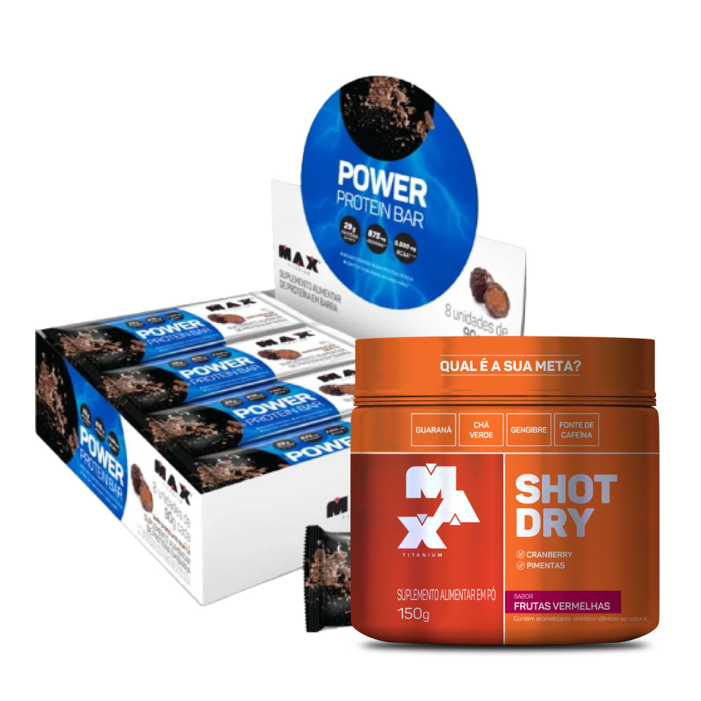 KIt Max Shape: Shot Dry 150g Maracujá + Power Protein Bar 90g Napolitano