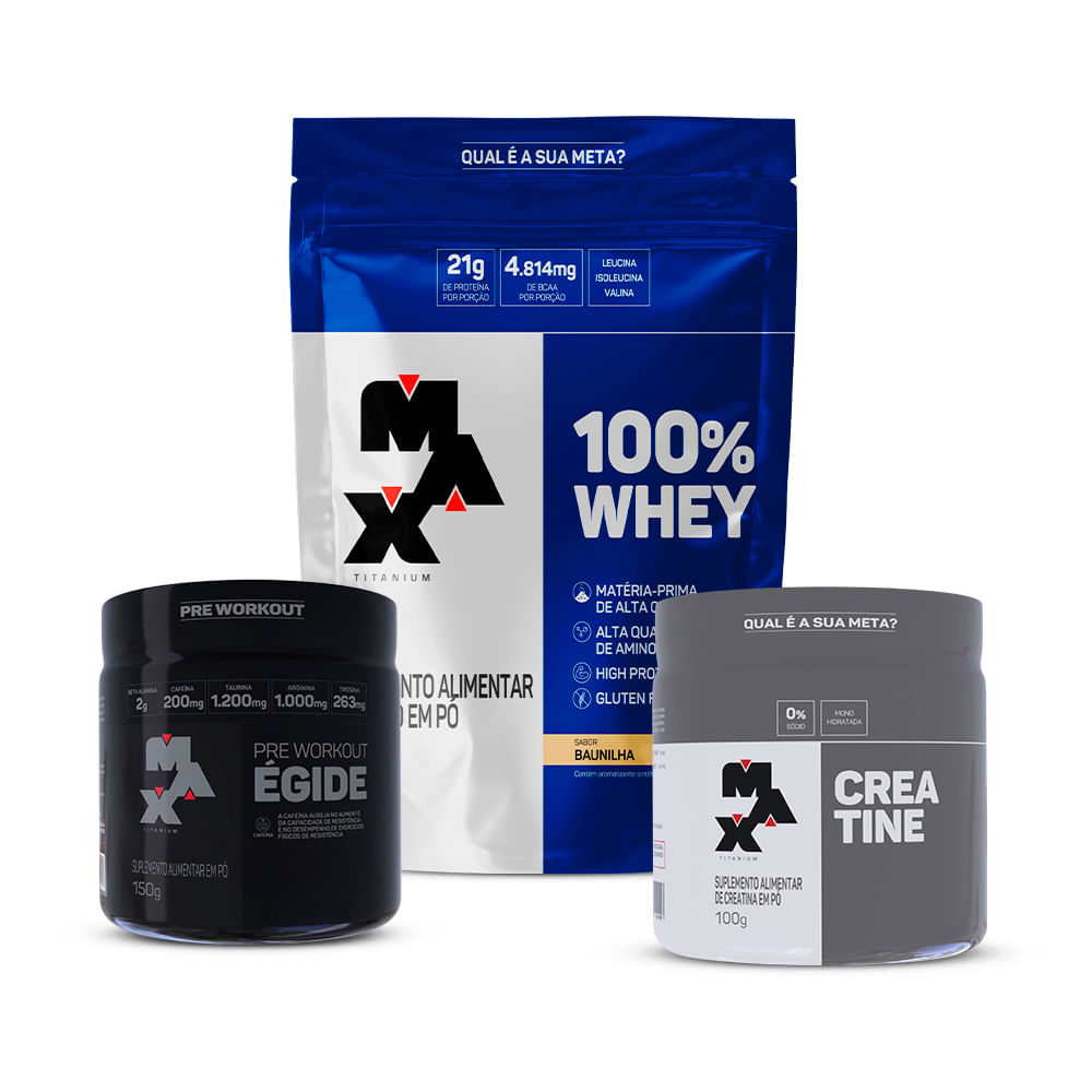 Kit Jon Vlogs Subathon: 100% Whey refil+Creatina 100g +Pré treino Hórus 150g 100% Whey Refil Baunilha +Horus Frt Silvestre
