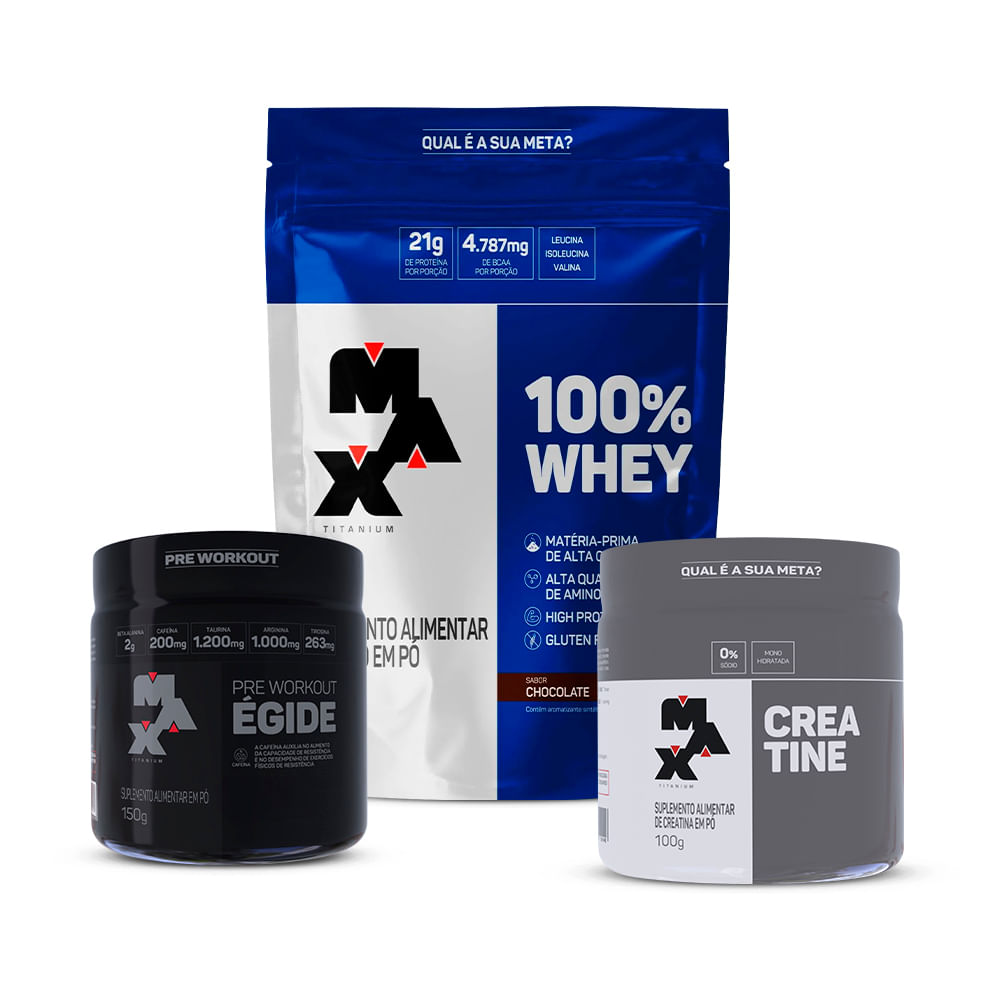 Kit Jon Vlogs Subathon: 100% Whey refil+Creatina 100g +Pré treino Hórus 150g 100% Whey Refil Chocolate +Horus Açai c Guarana