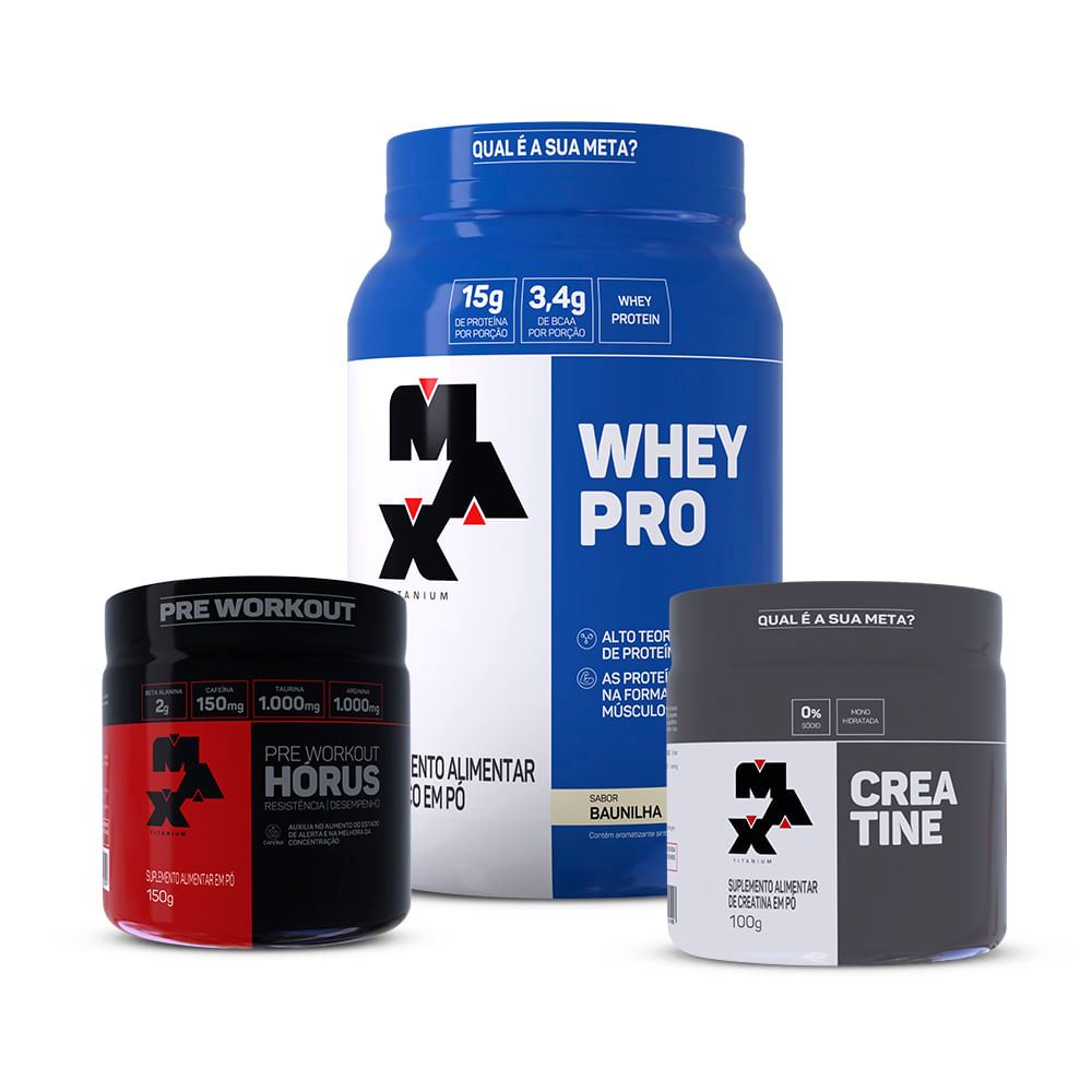 Kit Jon Vlogs Subathon 2: Whey Pro 1kg+Creatina 100g +Pré treino Hórus 150g Whey Pro Baunilha+Horus Limao
