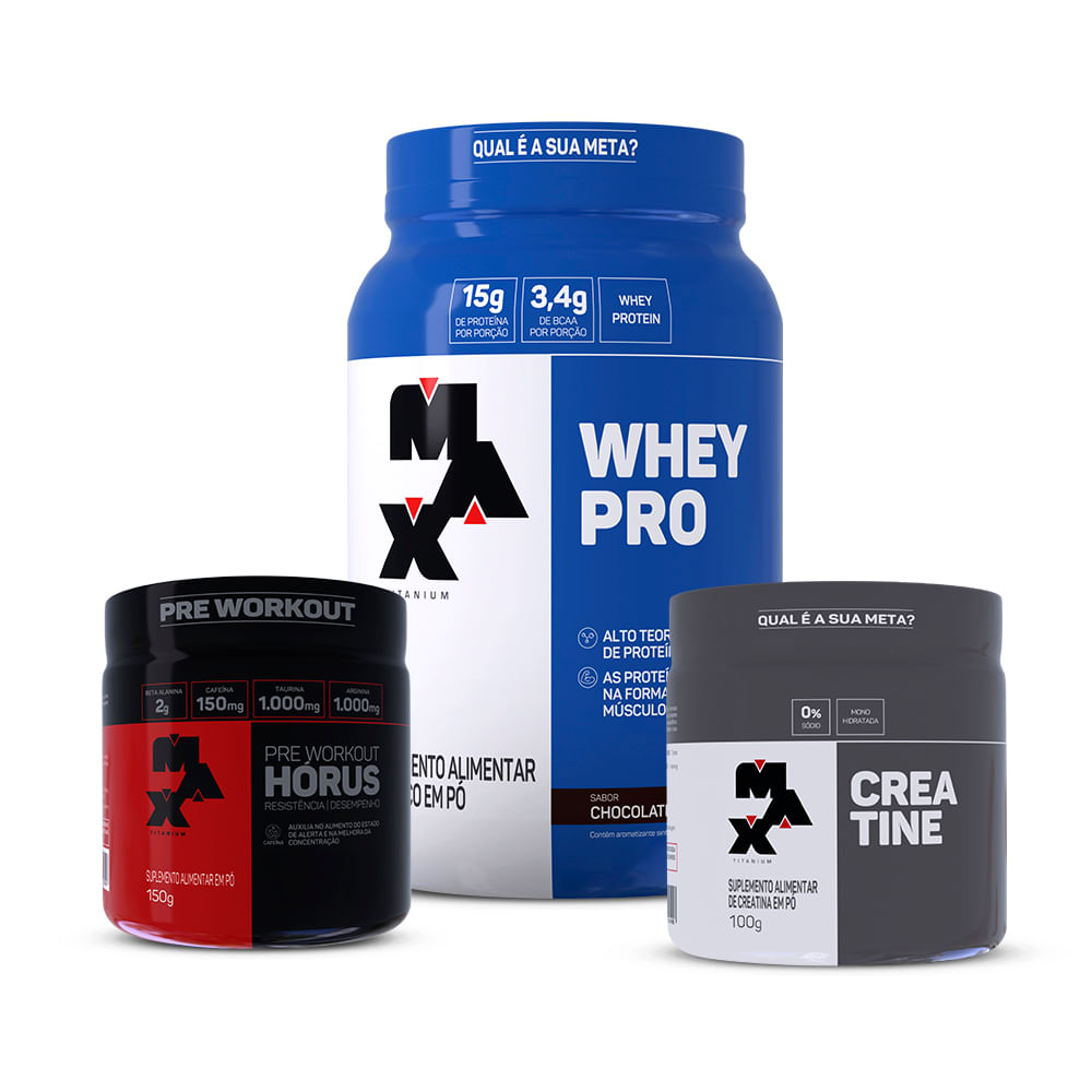 Kit Jon Vlogs Subathon 2: Whey Pro 1kg+Creatina 100g +Pré treino Hórus 150g Whey Pro Chocolate +Horus Limao
