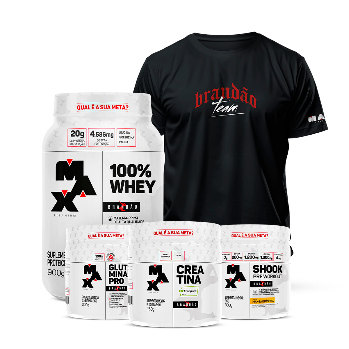 Kit Brandão Bodybuilder II- 100% Whey Pote 900g + Creatina Creapure 250g + Pré treino Shook + Glutamina Pro + Camiseta Elite Team Show Banoffee – manga e pessego – tamanho GG