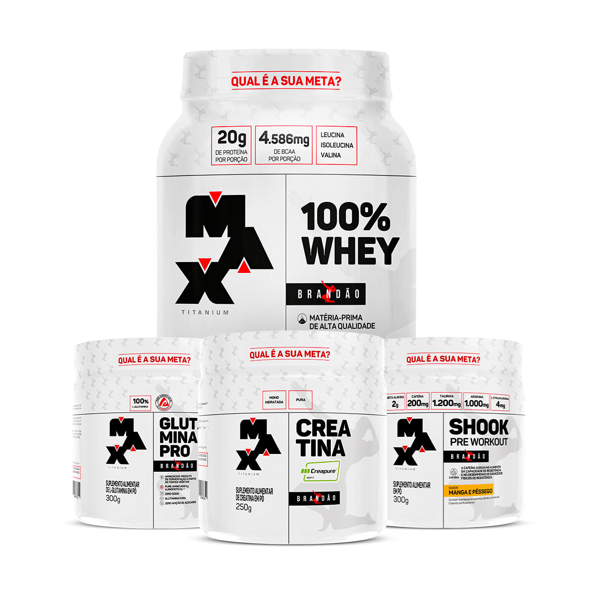 Kit Brandão Bodybuilder I – 100% Whey Pote 900g + Creatina Creapure 250g + Pré treino Shook + Glutamina Pro Banoffe – Manga e Pêssego