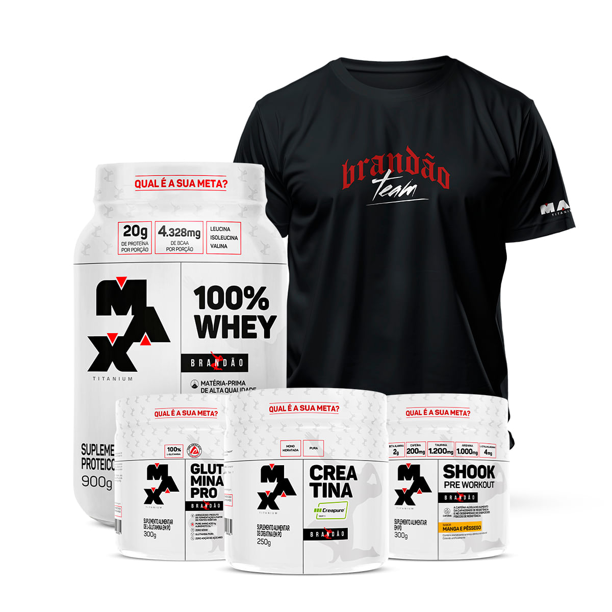 Kit Brandão Bodybuilder II- 100% Whey Pote 900g + Creatina Creapure 250g + Pré treino Shook + Glutamina Pro + Camiseta Elite Team Show Brownie – Manga e Pessêgo – Tamanho M