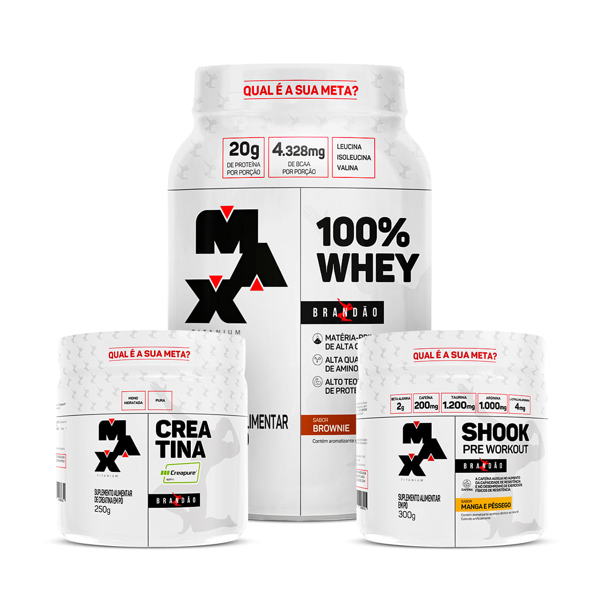 Kit Brandão Open lI – 100% Whey Pote 900g+Creatina Creapure 250g+Pré treino Shook Brownie – Manga e Pêssego
