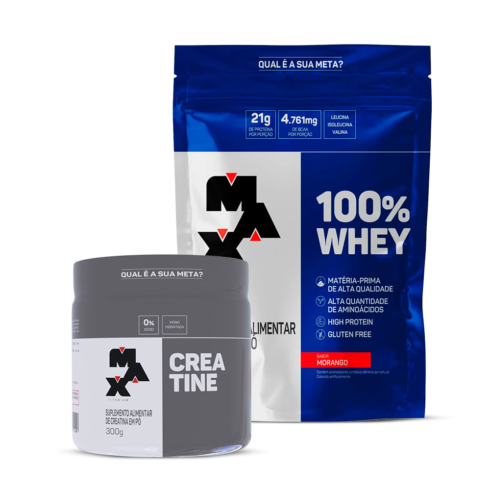 Kit Creatina 300g e 100% Whey Refil 900g Morango
