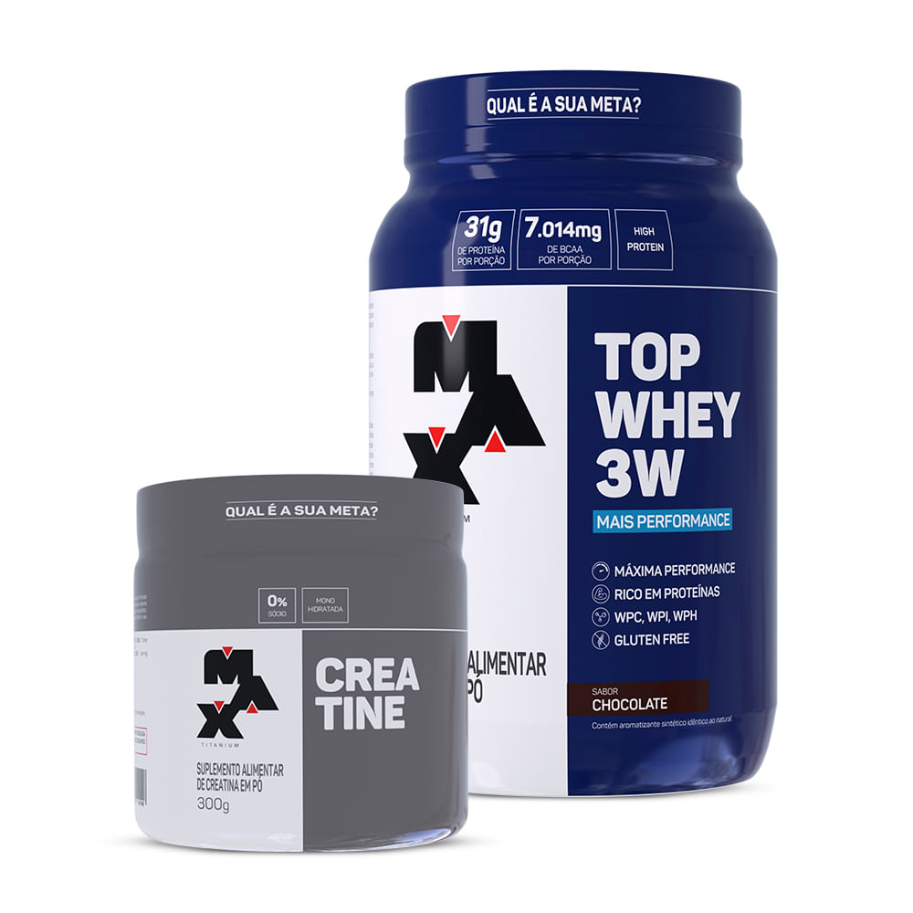 Kit Creatina 300g + Top Whey 3W + Performance 900g Chocolate