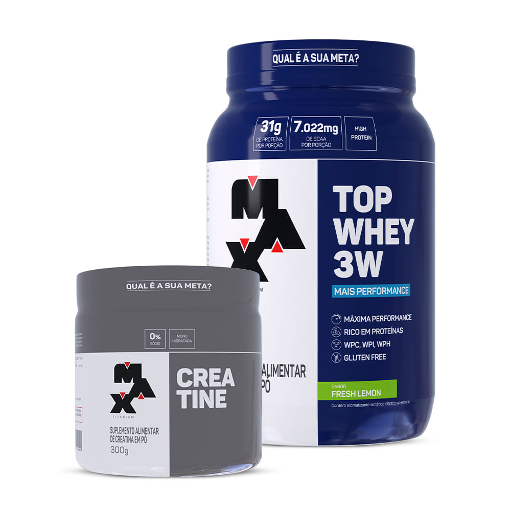 Kit Creatina 300g + Top Whey 3W + Performance 900g Fresh Lemon