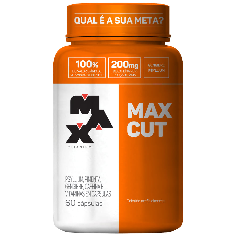 Max Cut 60 Caps incluI psyllium, gengibre, pimenta vermelha e cafeína.