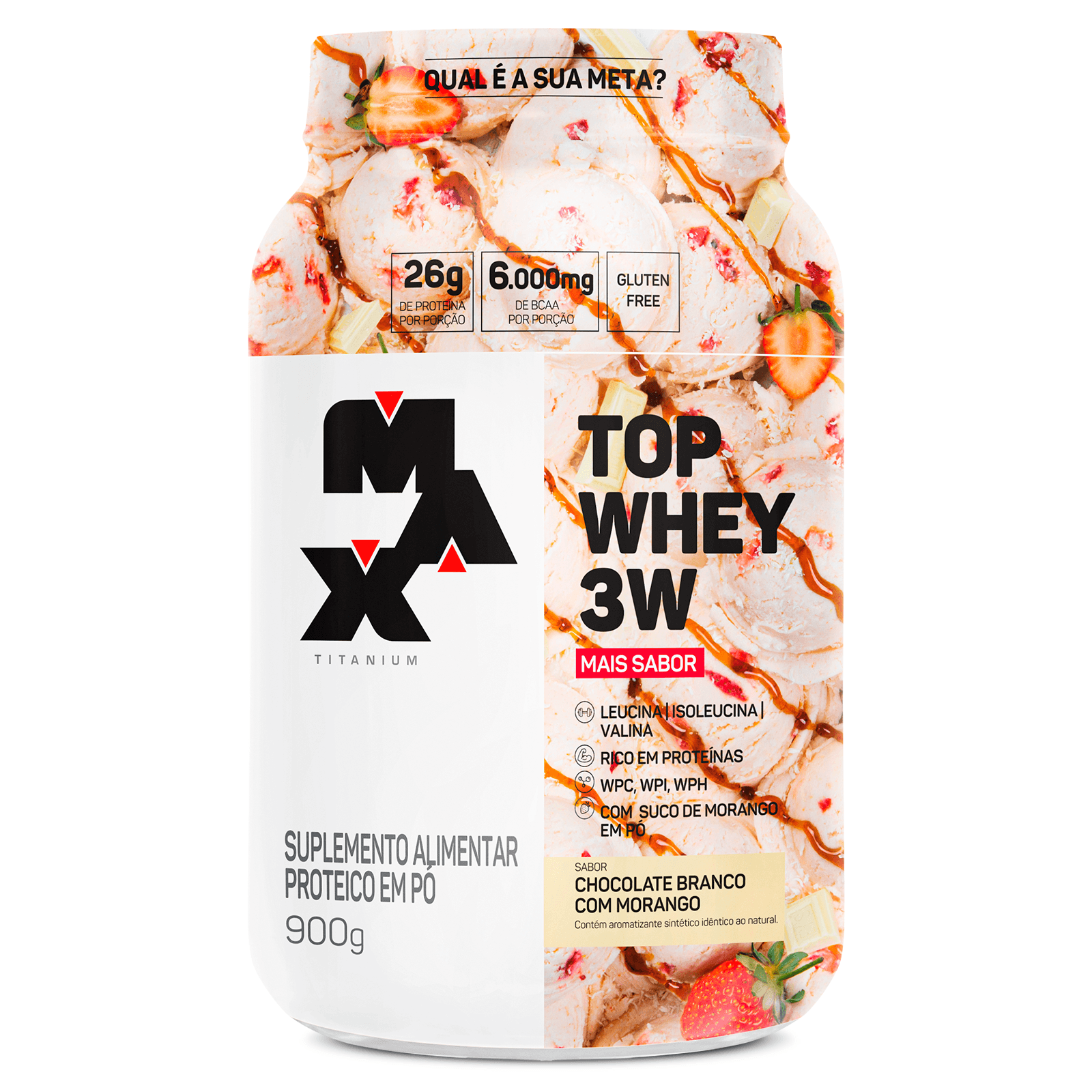Top Whey 3W + Sabor 900G Chocolate branco com morango