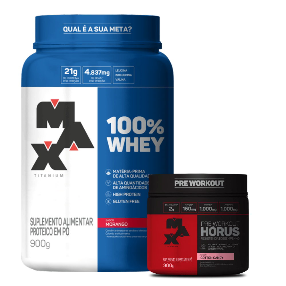 Kit Intensidade 100% Whey Pote 900 Gr. Morango + Hórus 300 Gr. Cotton