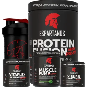 Combo Whey Protein Fusion + Pré Treino Limão + Termogênico + Vit + Shaker – Espartanos – Sabor: Morango