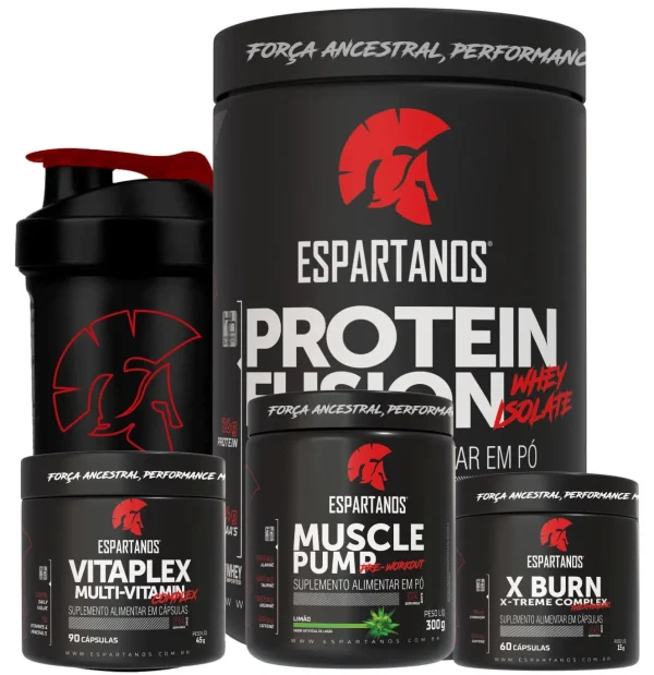 Combo Whey Protein Fusion + Pré Treino Limão + Termogênico + Vit + Shaker – Espartanos – Sabor: Baunilha