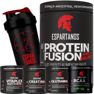 Whey Protein Fusion + Bcaa + Creatina 100% + Glutamina + Multi-Vitaminico + Copo – Sabor: Morango