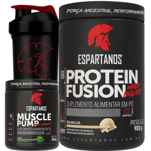 Kit Whey Protein Fusion + Pré Treino Muscle Pump Limão + Shaker – Espartanos – Sabor: Baunilha