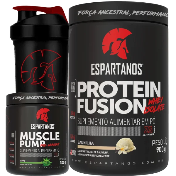 Kit Whey Protein Fusion + Pré Treino Muscle Pump Limão + Shaker – Espartanos – Sabor: Baunilha