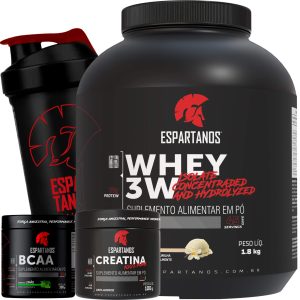 Kit Whey Protein 3w 1,8Kg + Bcaa + Creatina + Shaker – Espartanos – Sabor: Baunilha